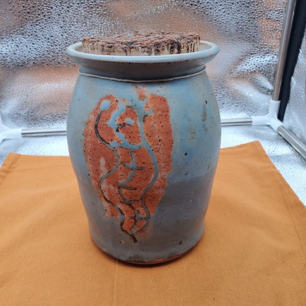 Studio Art Pottery Stoneware Bottle Jar Cork Lid Abstract Signed Franr Blue